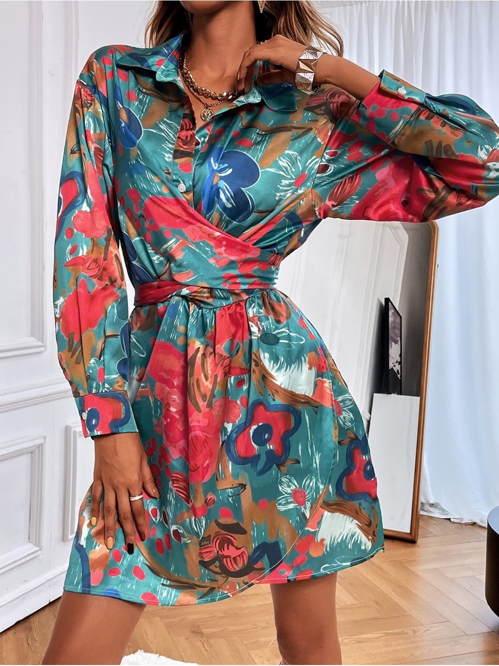 SHEIN Teal & Coral Abstract Floral Satin Mini Dress